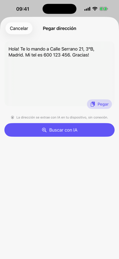 Pantalla Pegar dirección con un mensaje de WhatsApp