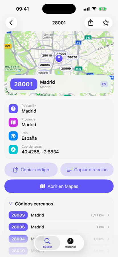 Ficha del código postal 28001 con mapa y códigos cercanos