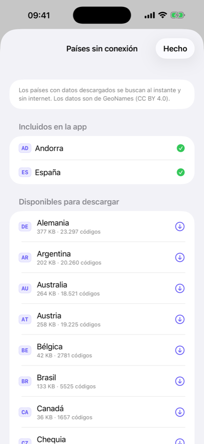 Lista de países disponibles sin conexión